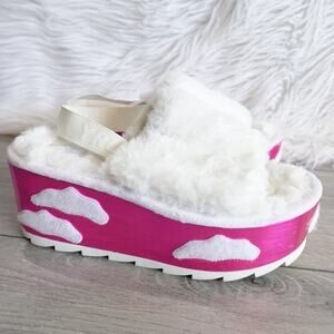 Dolls Kill YRU Metallic Pink White Fluffy Cloud Slingback Sandal Platform Shoes